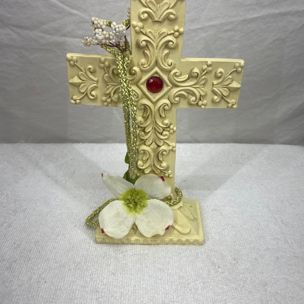 Ornate Standing Cross Figurine Cream Dogwood Flower Red Gemstone 9 Inch Decor